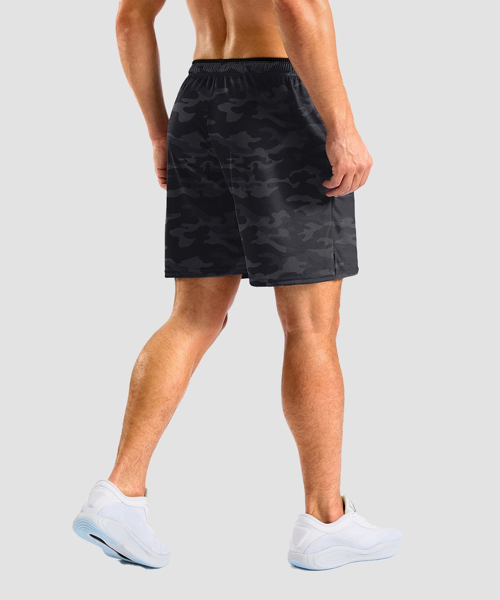 side slit zipper pocket short 7" in black camo - on model back view
