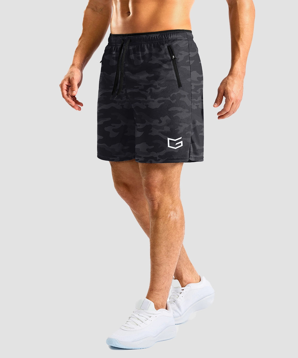 side slit zipper pocket short 7" in black camo - on model side view