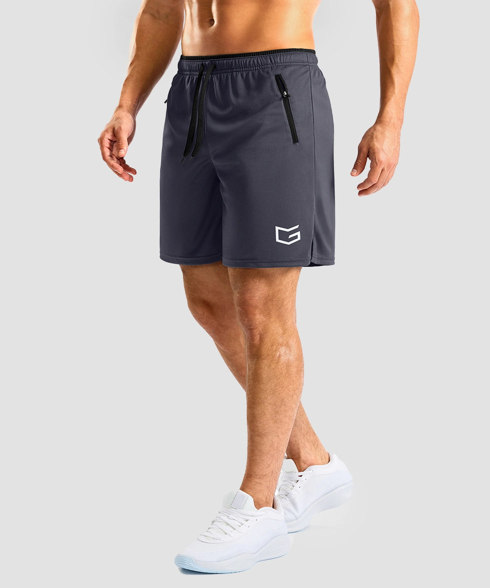 side slit zipper pocket short 7" in dark gray - on model side view