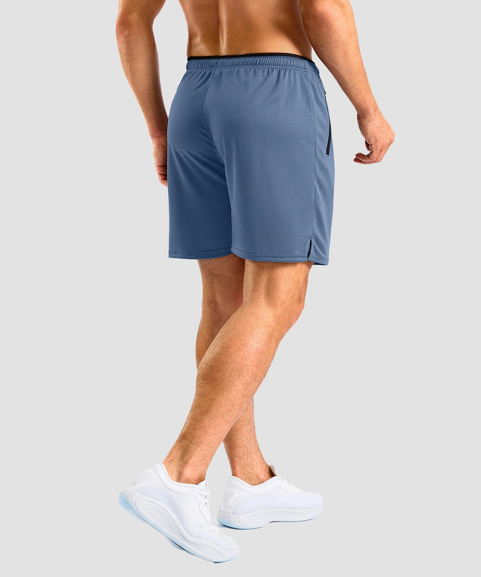 side slit zipper pocket short 7" in indigo blue - on model back view