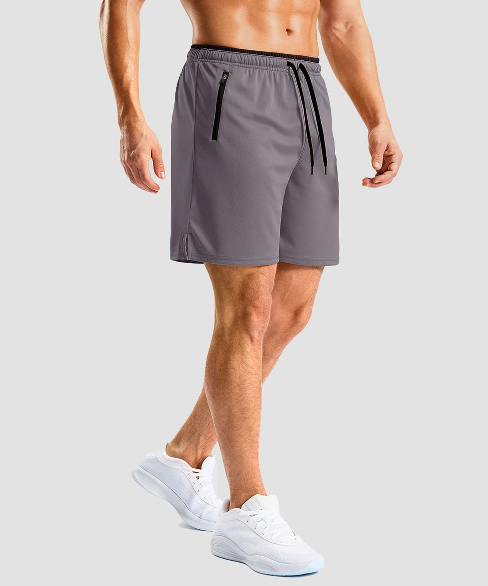side slit zipper pocket short 7" in iron gray - on model side view