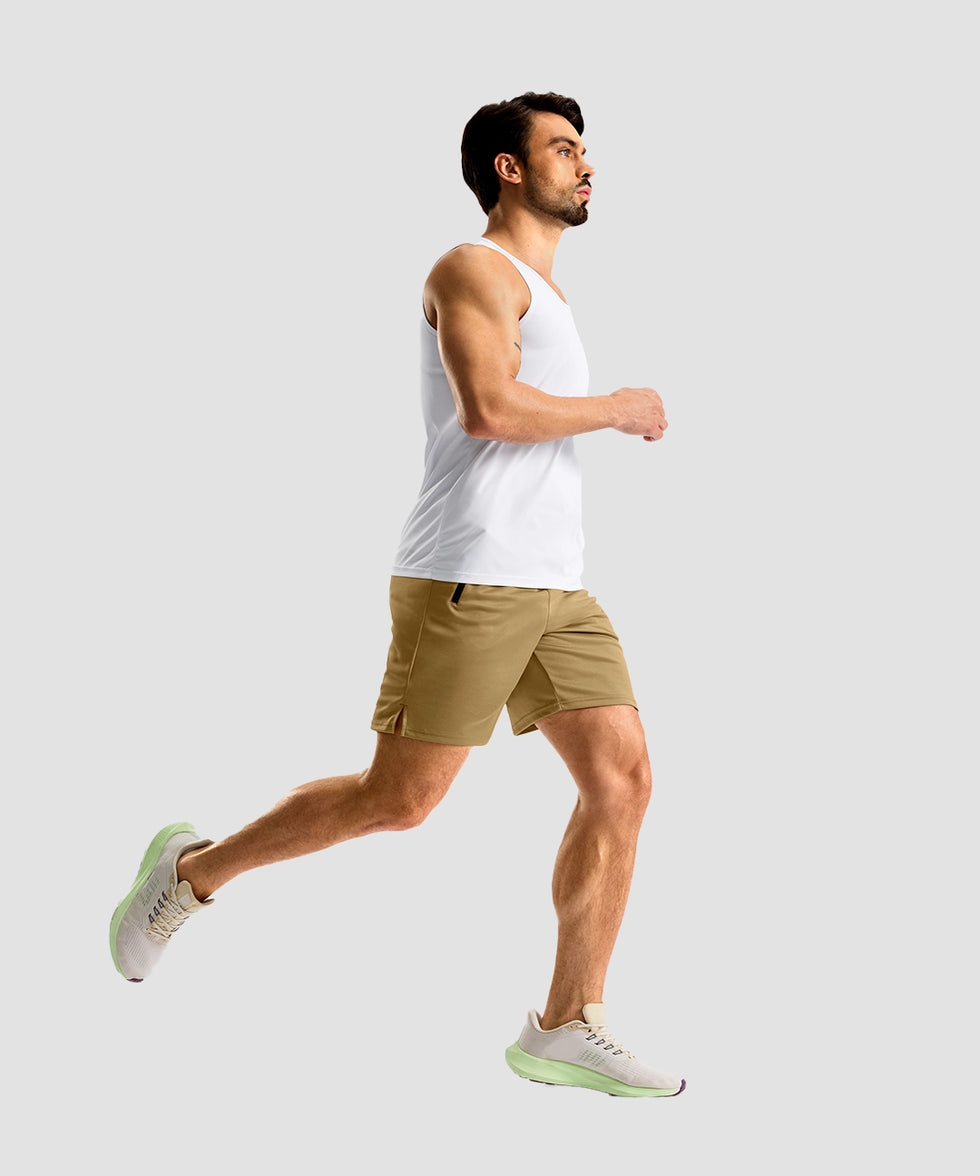 side slit zipper pocket short 7" in khaki - on model view