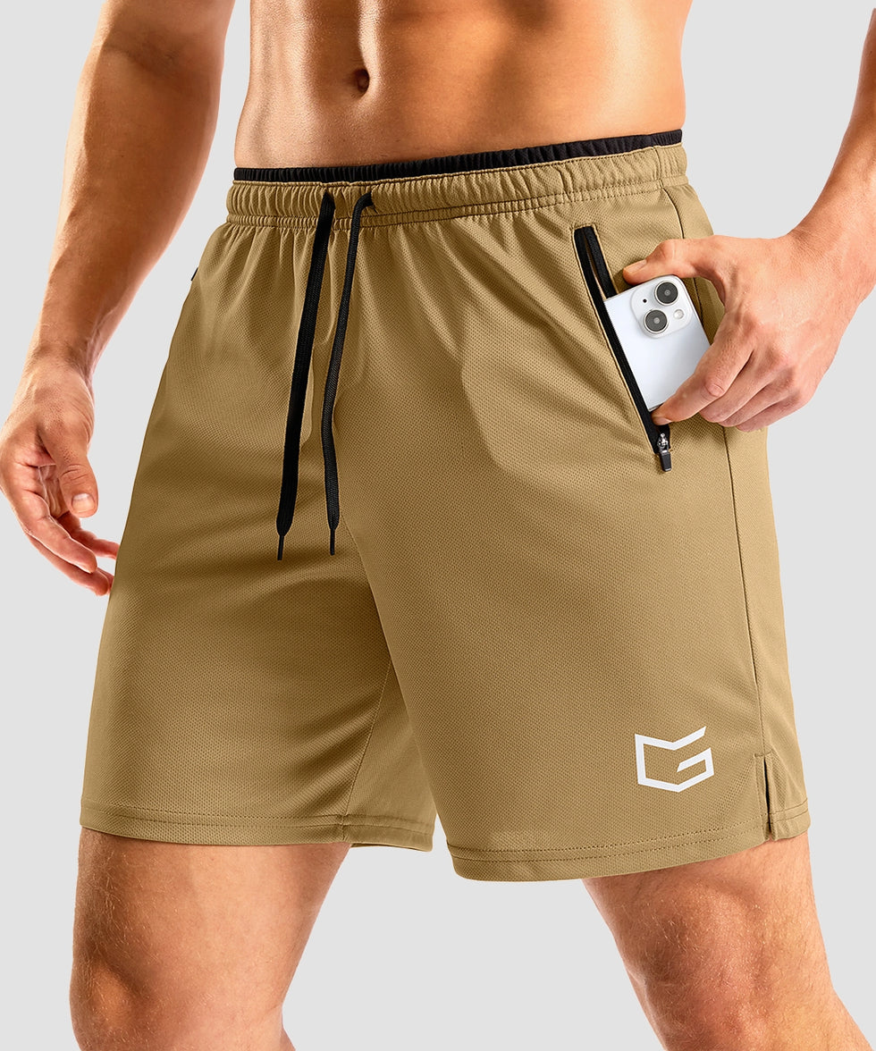 side slit zipper pocket short 7" in khaki - pocket detail view