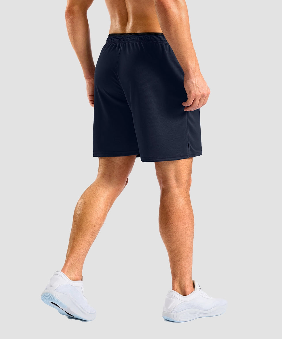 side slit zipper pocket short 7" in navy - on model back view