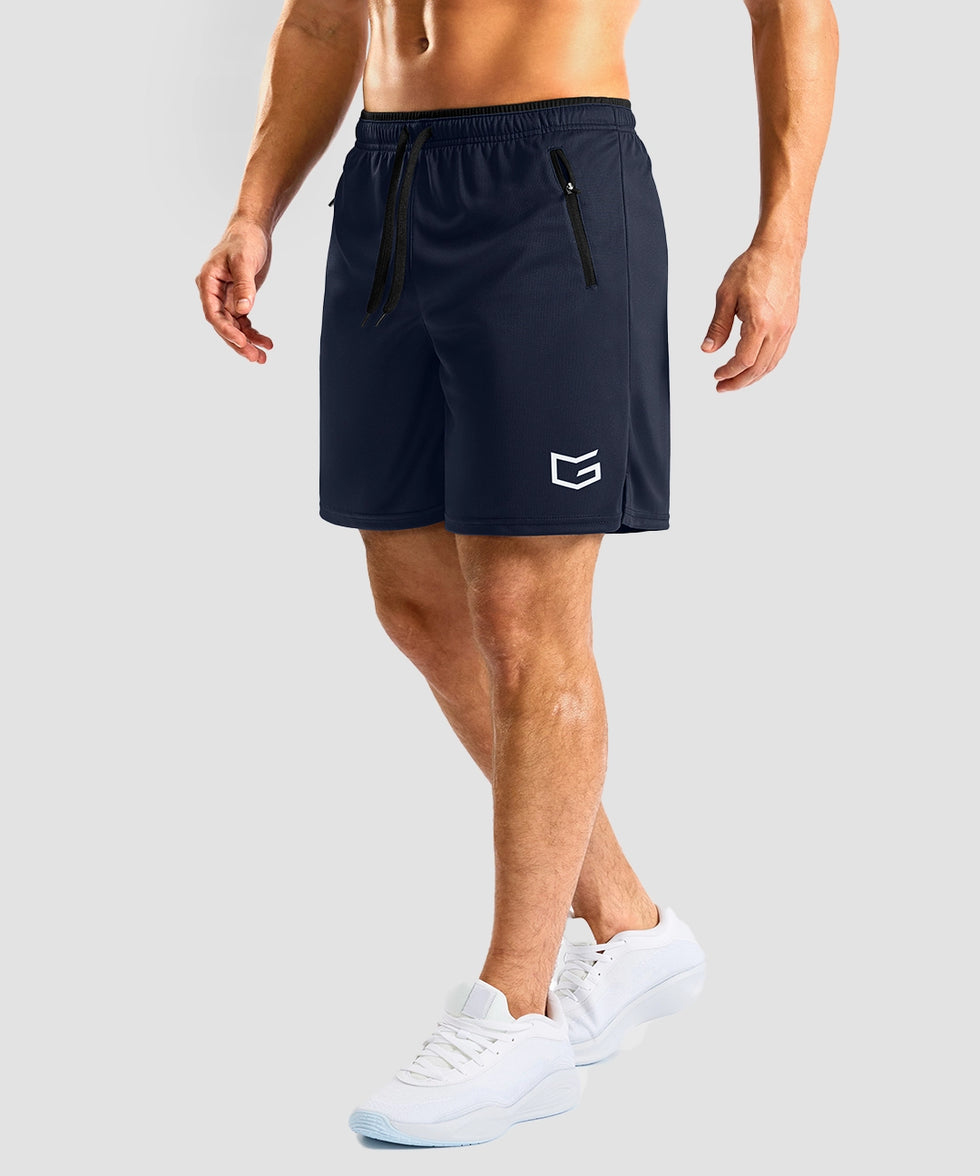 side slit zipper pocket short 7" in navy - on model side view