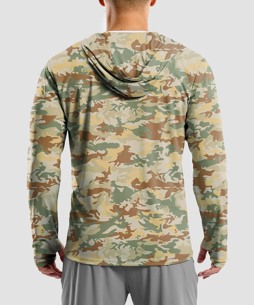 uv protection full zip hoodie in olivine camo - back view