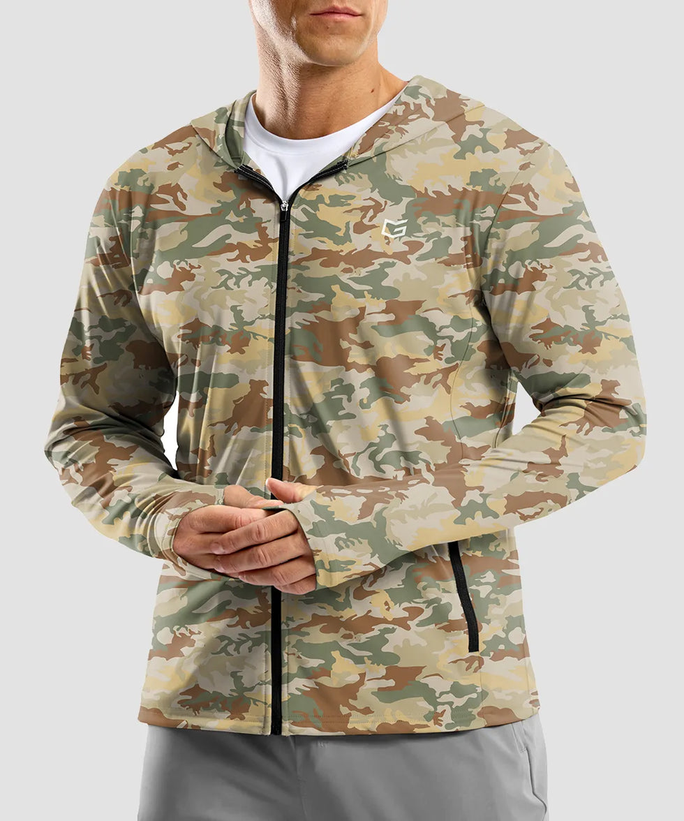 uv protection full zip hoodie in olivine camo - front view