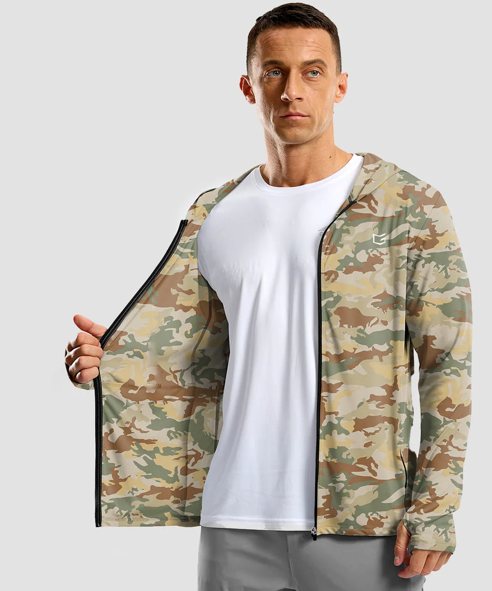 uv protection full zip hoodie in olivine camo - on model view