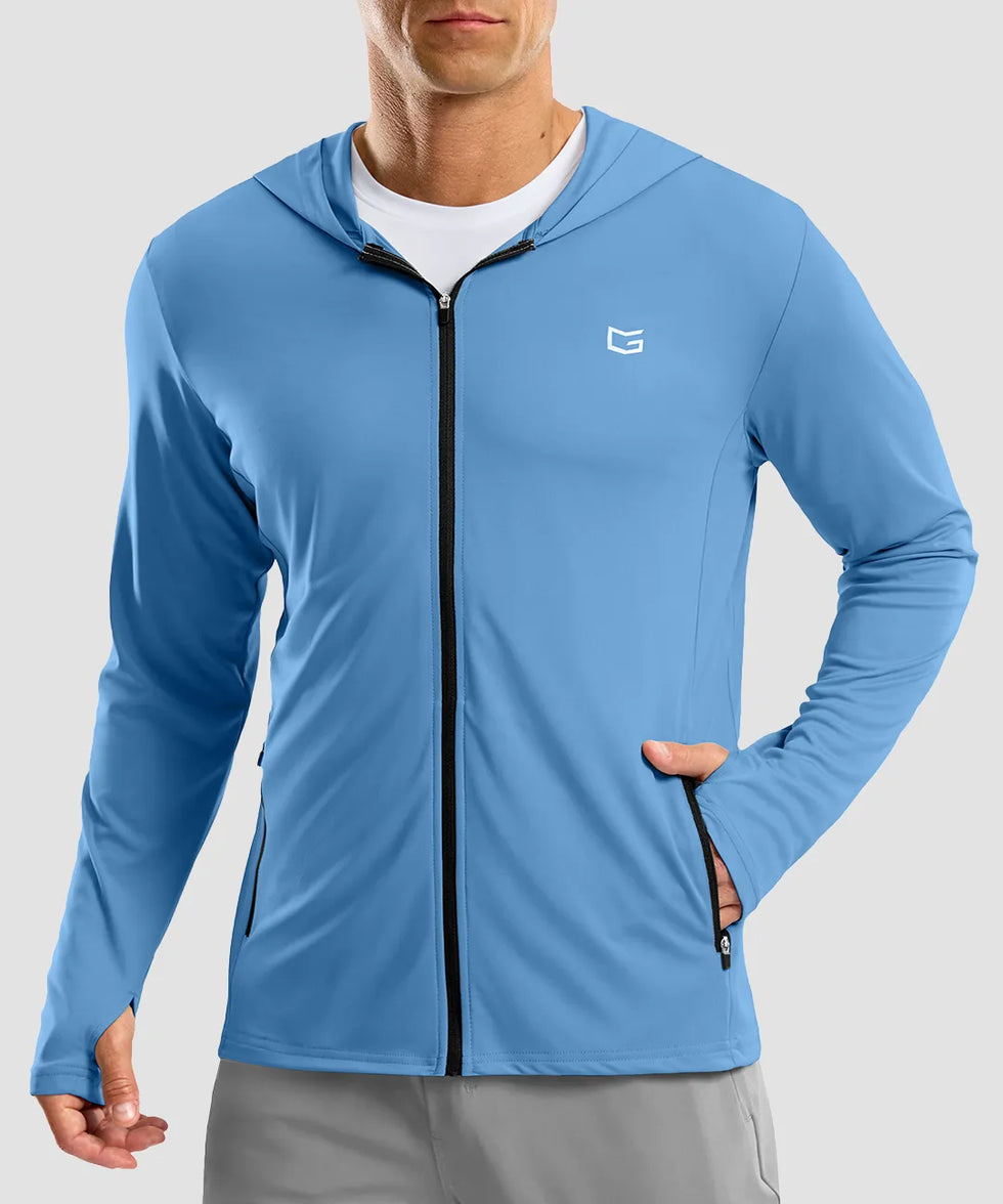 uv protection full zip hoodie in sky blue - front view