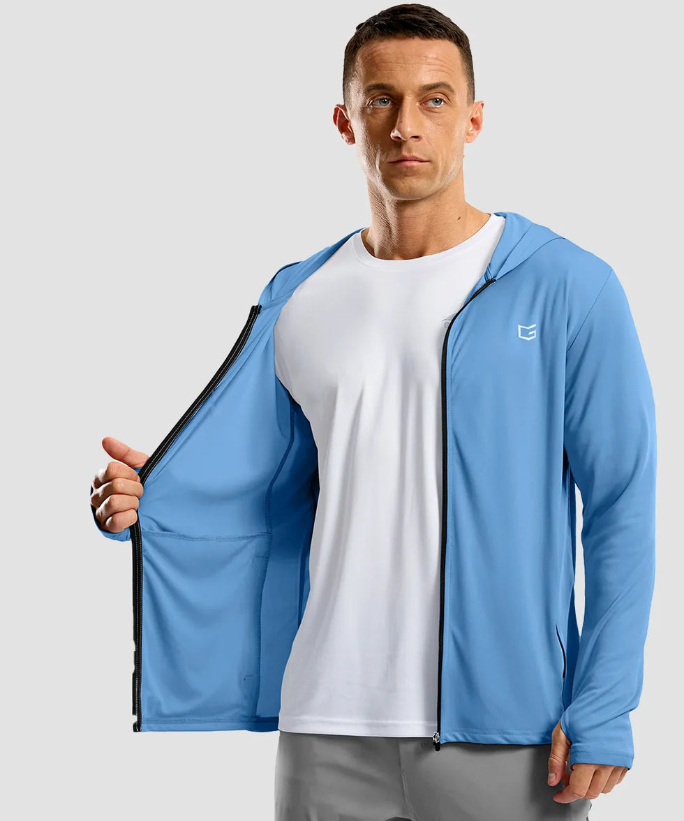 uv protection full zip hoodie in sky blue - on model view