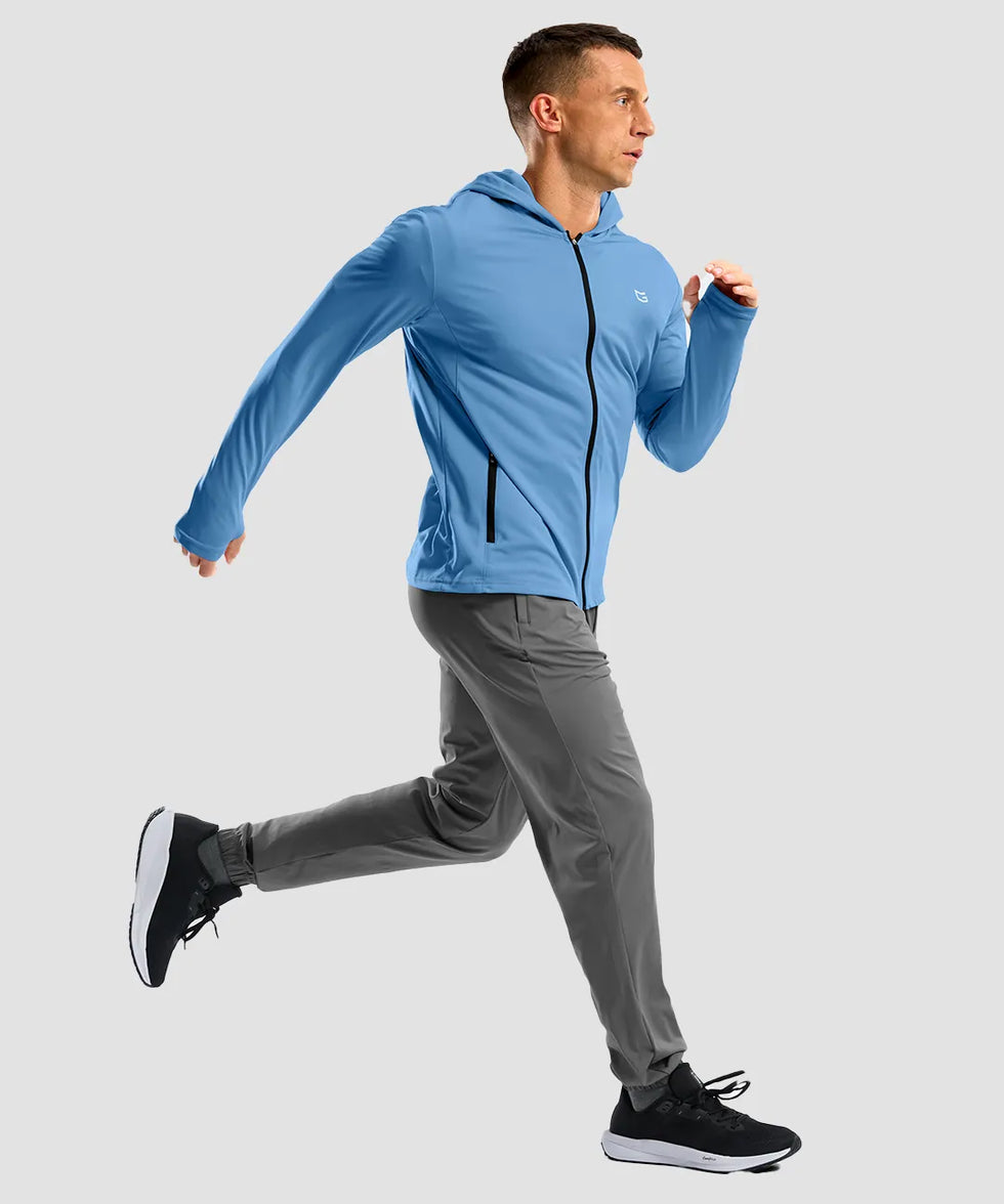 uv protection full zip hoodie sky blue on model running view
