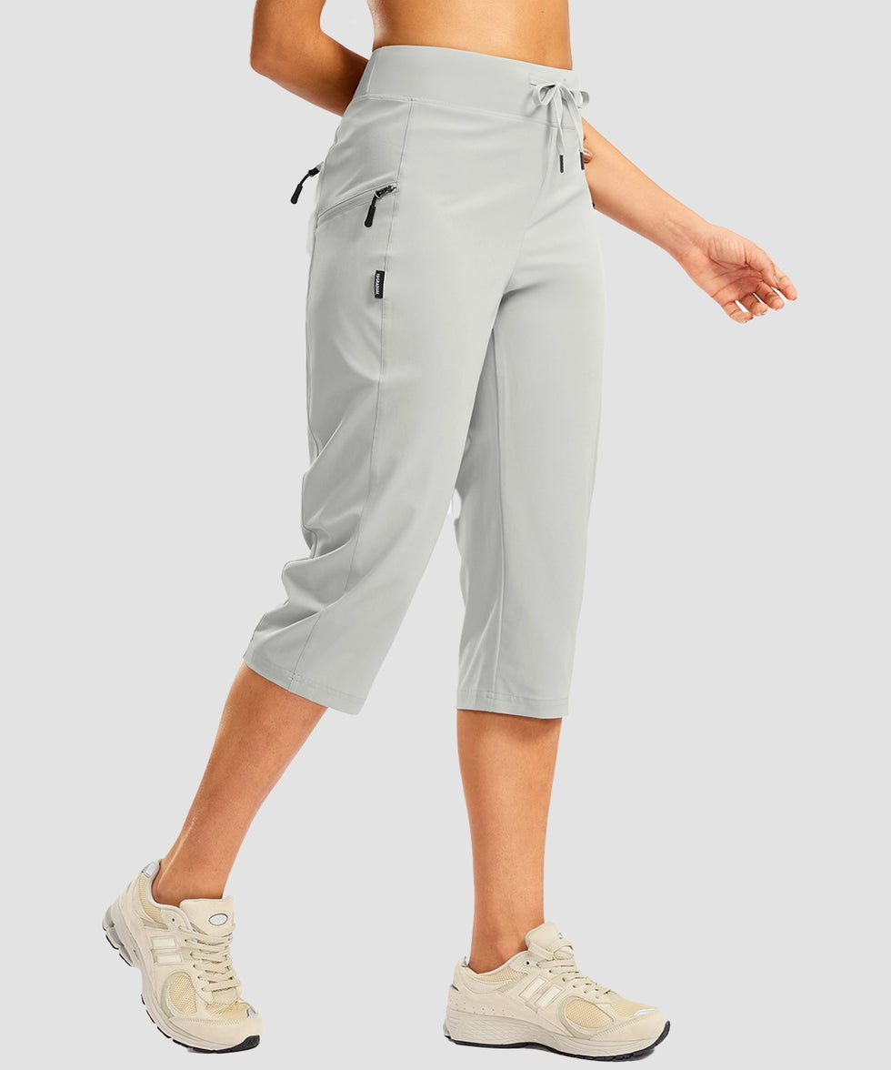 women's 3 zipper pockets hiking capri pants in bright gray - side view