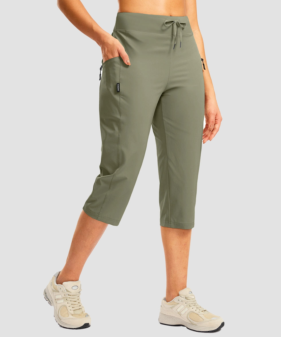 women's 3 zipper pockets hiking capri pants in gray sage - pocket detail view
