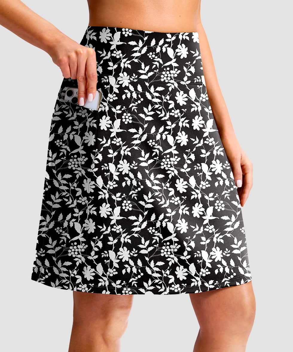 women's 4 pockets knee length golf skort in black flower - pocket details view