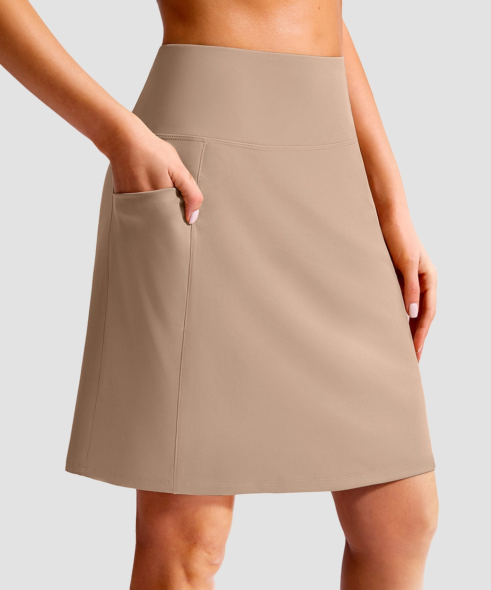 women's 4 pockets knee length golf skort in light khaki - pocket details view