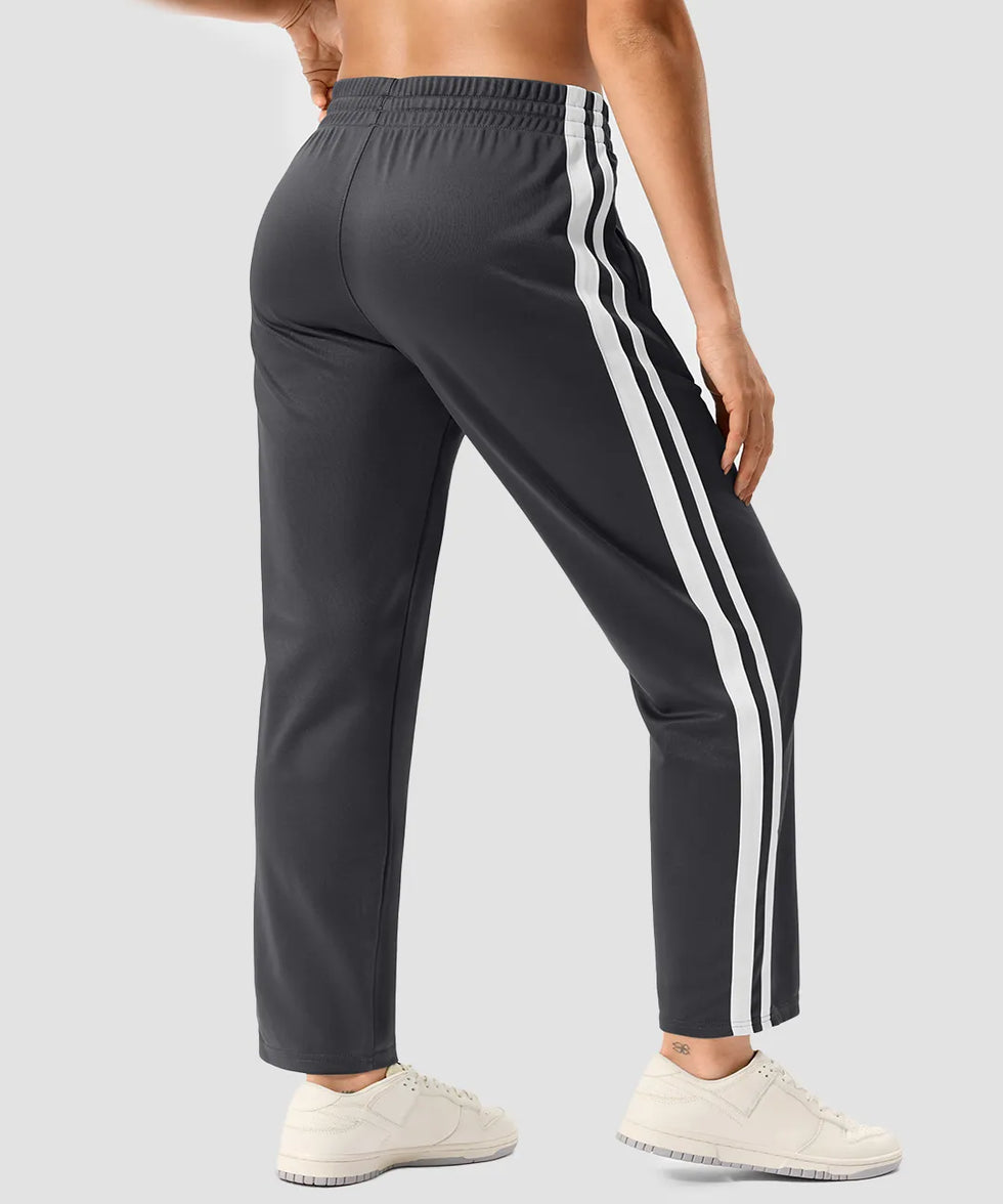 women's contrast stripe zip pockets track pants 28'' in dark gray - back view