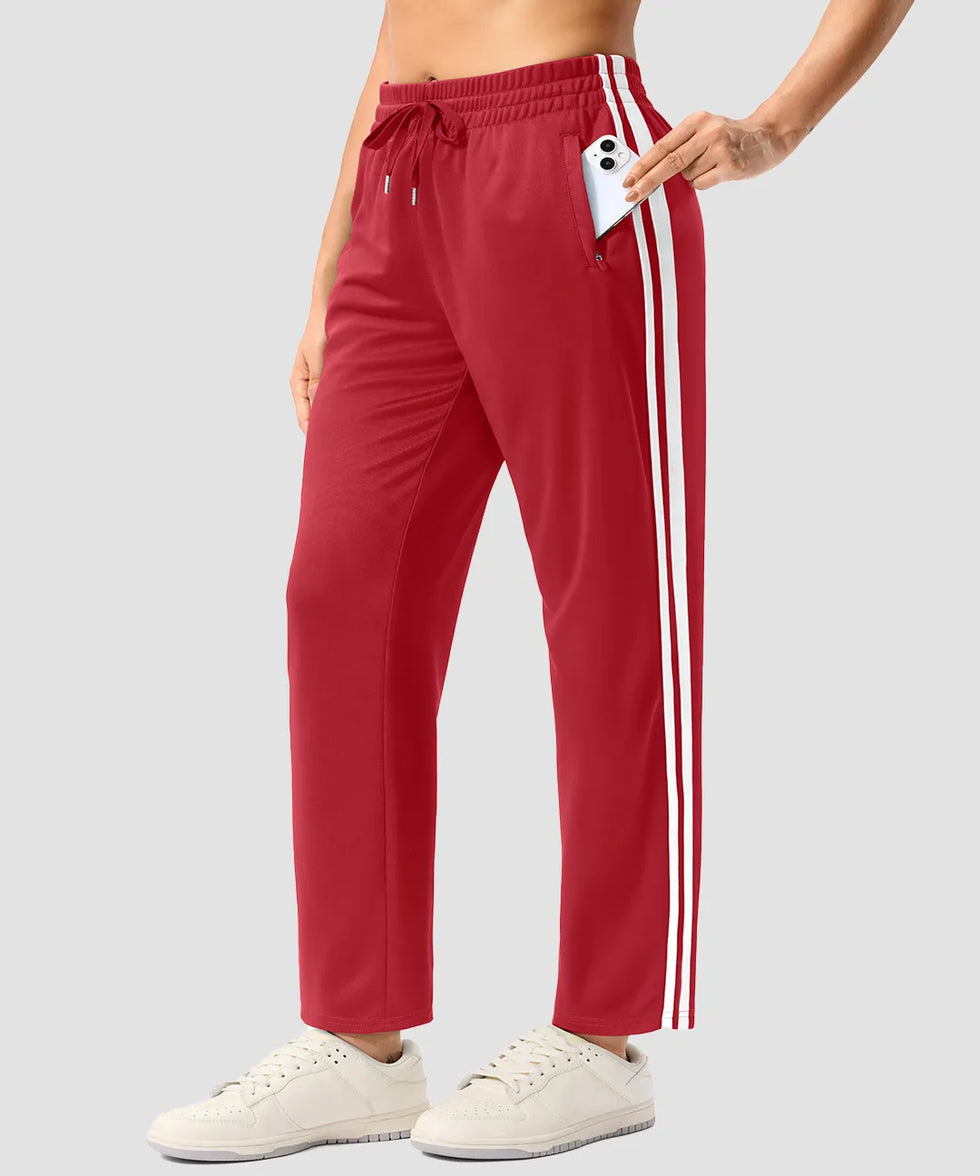 women's contrast stripe zip pockets track pants 28'' in dark red - pocket detail