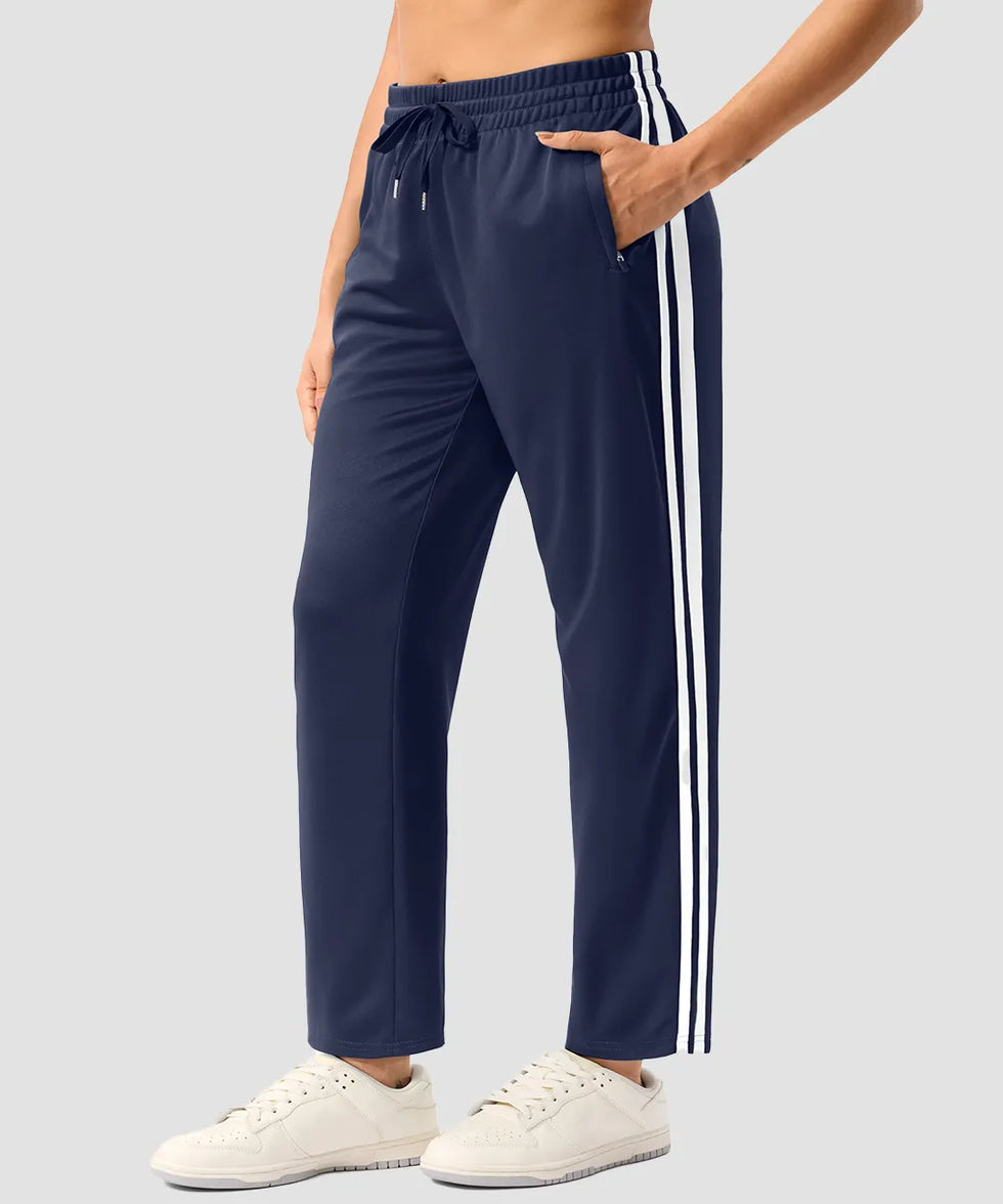 women's contrast stripe zip pockets track pants 28'' in navy - pocket detail