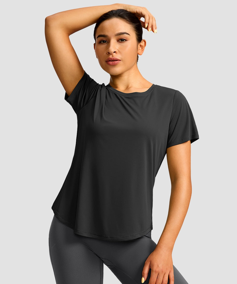 women's crew neck curved-hem sun tee in black - front view