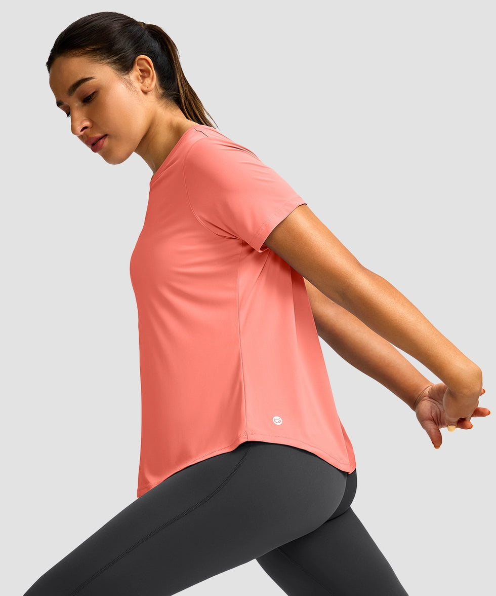 women's crew neck curved-hem sun tee in coral - side view
