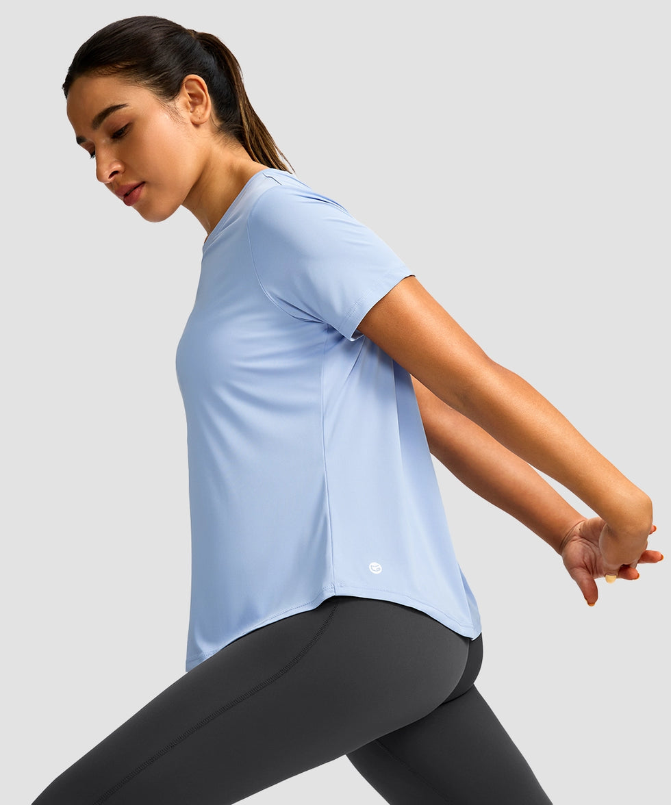 women's crew neck curved-hem sun tee in light blue - side view