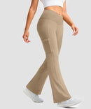 women's crossover thermal flare leggings in light khaki- side view