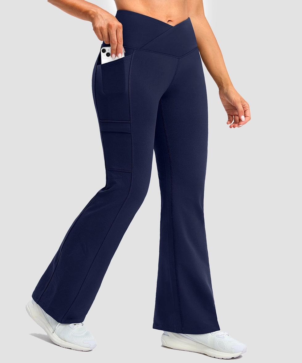 women's crossover thermal flare leggings in navy- pocket details view