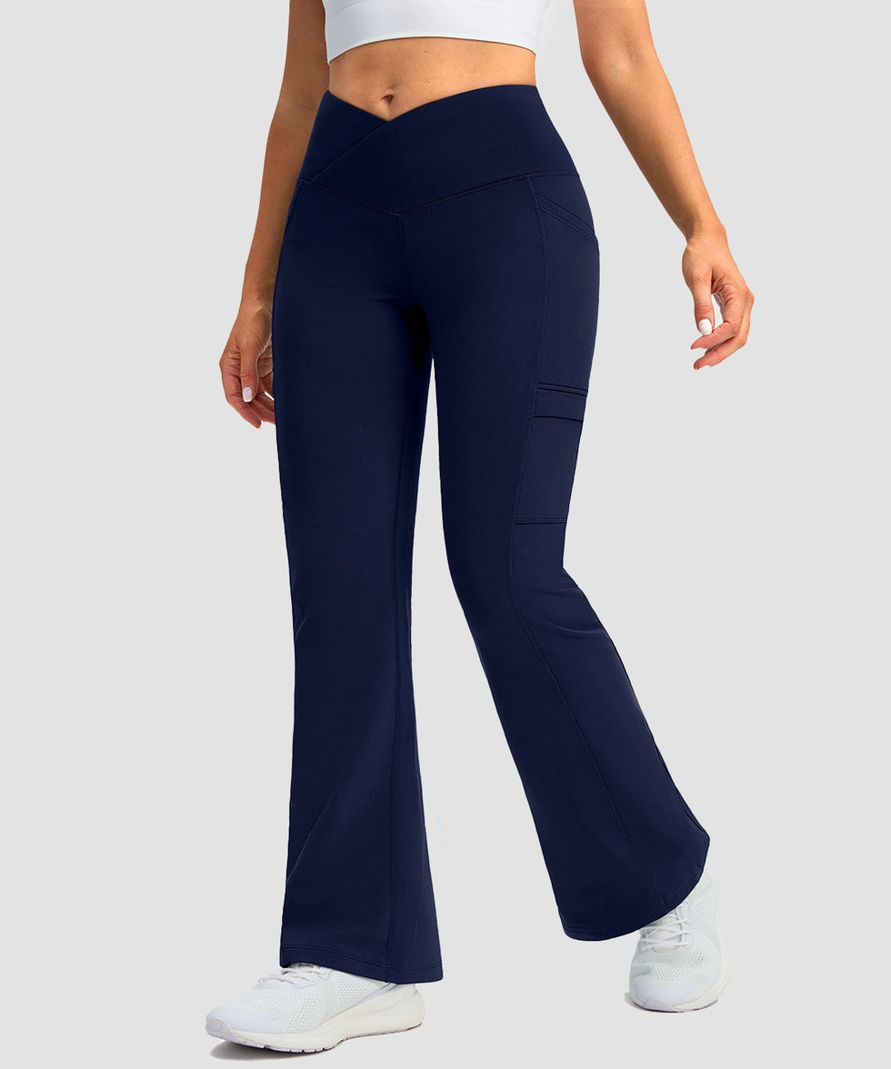 women's crossover thermal flare leggings in navy- side view