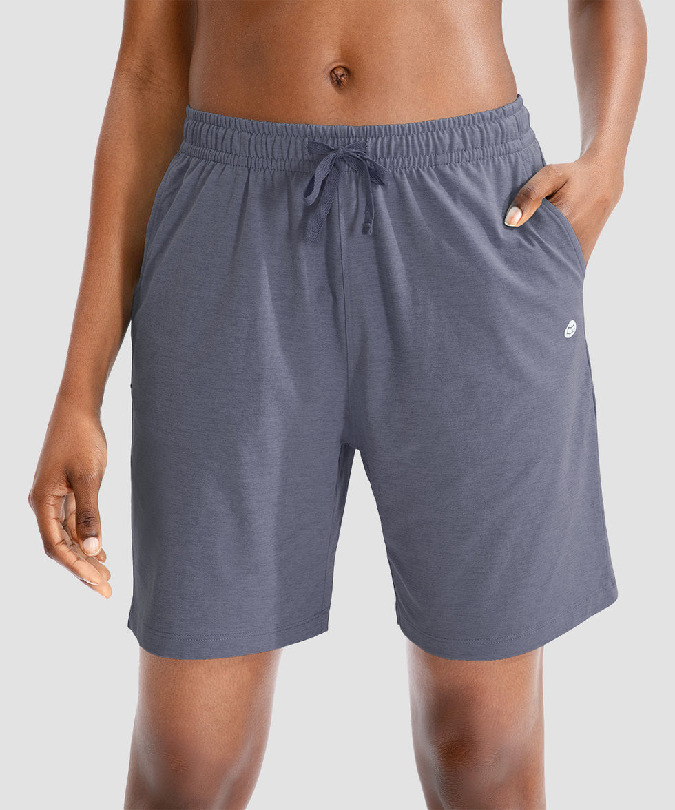 women's drawstring with pockets shorts 7'' in dusty blue - front view