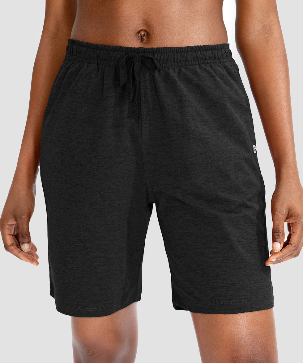 women's drawstring with pockets shorts 9'' in black - front view