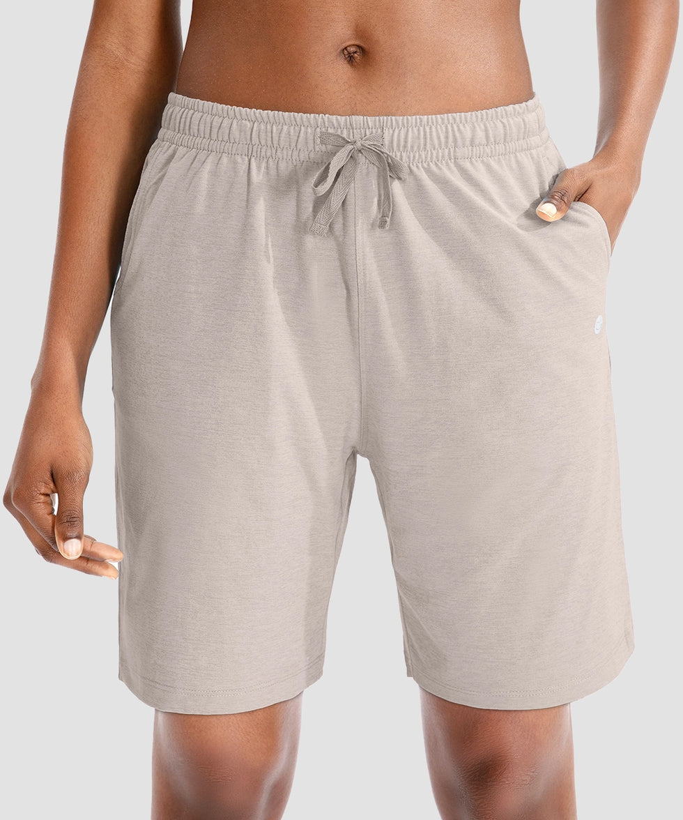 women's drawstring with pockets shorts 9'' in oatmeal - front view