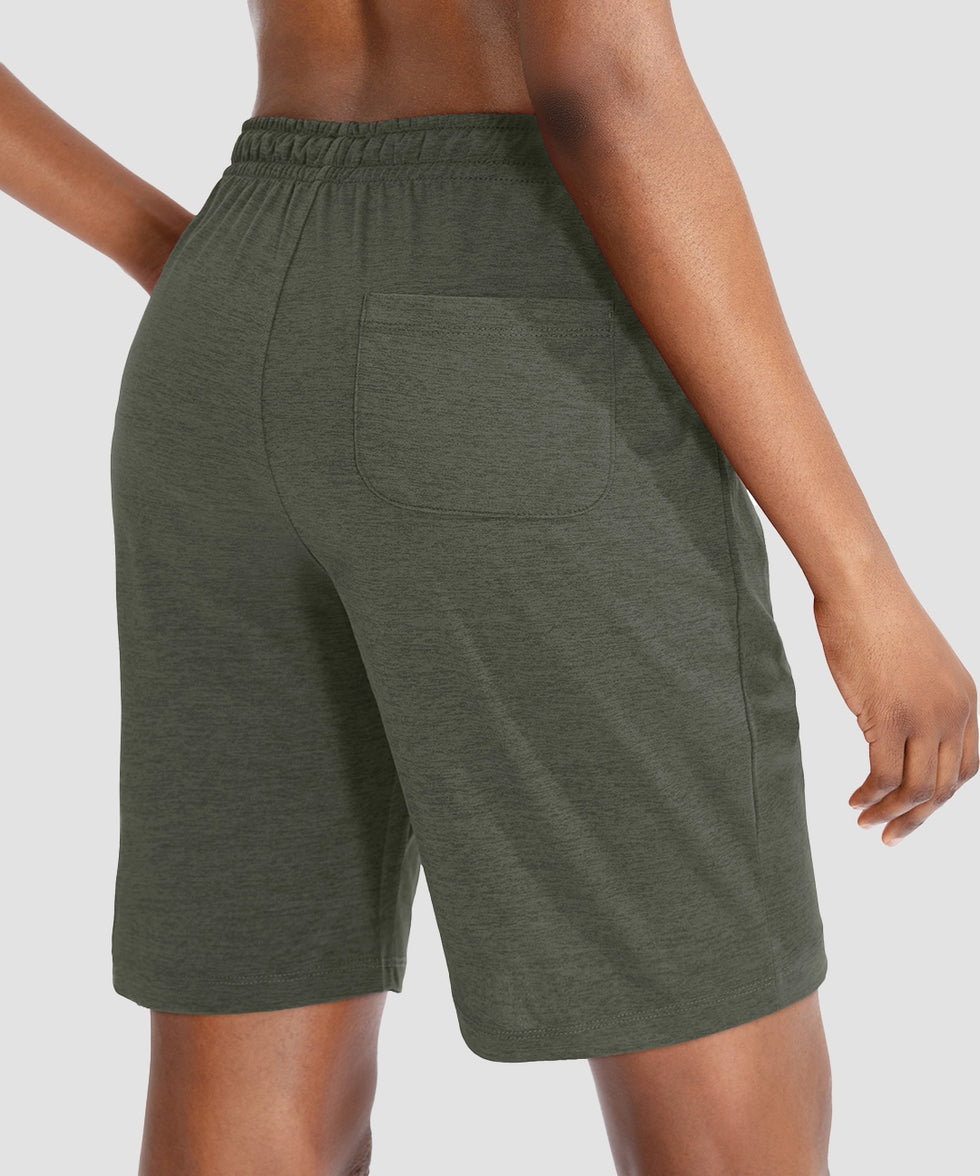 women's drawstring with pockets shorts 9'' in olive green - back view