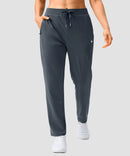 women's elastic waist 2 zip pockets track pants in dark gray - front view