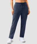women's elastic waist 2 zip pockets track pants in navy - front view