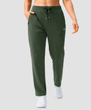 women's elastic waist 2 zip pockets track pants in olive green - front view