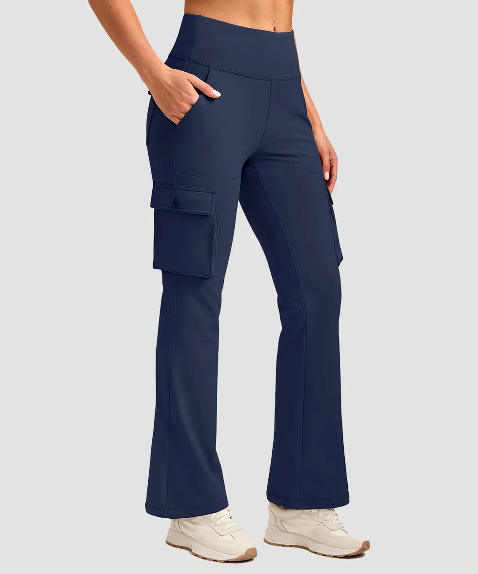 women's fleece-lined cargo flare leggings in navy - cargo pocket detail view