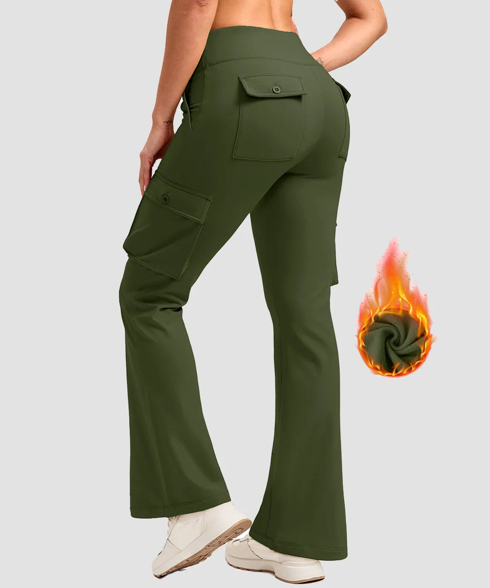 women's fleece-lined cargo flare leggings in olive green - back view