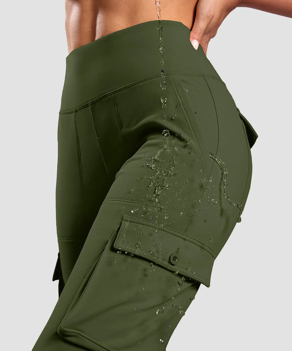 women's fleece-lined cargo flare leggings in olive green - fabric detail view