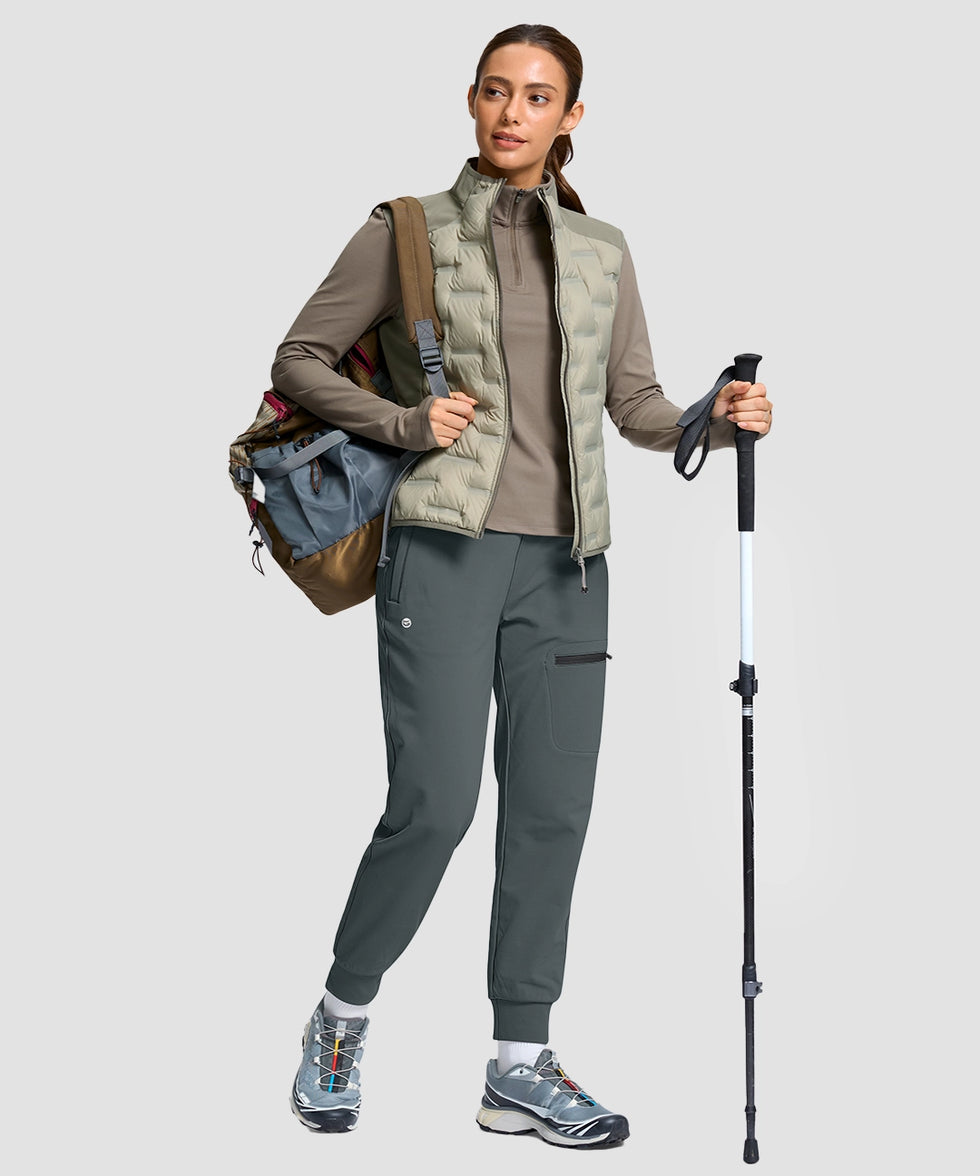 women's fleece-lined four-zip-pocket outdoor pants in dark gray - front view