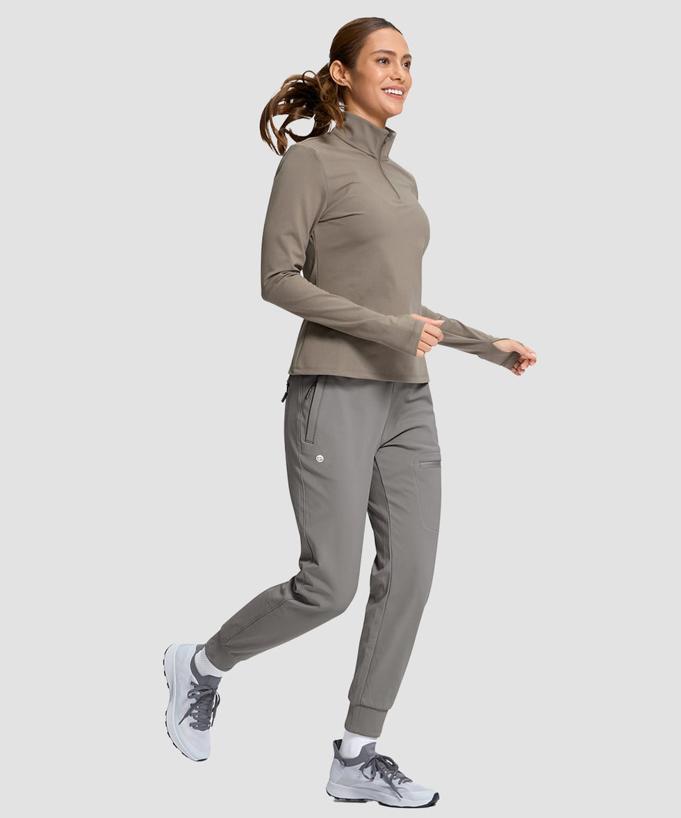 women's fleece-lined four-zip-pocket outdoor pants in light gray - side view