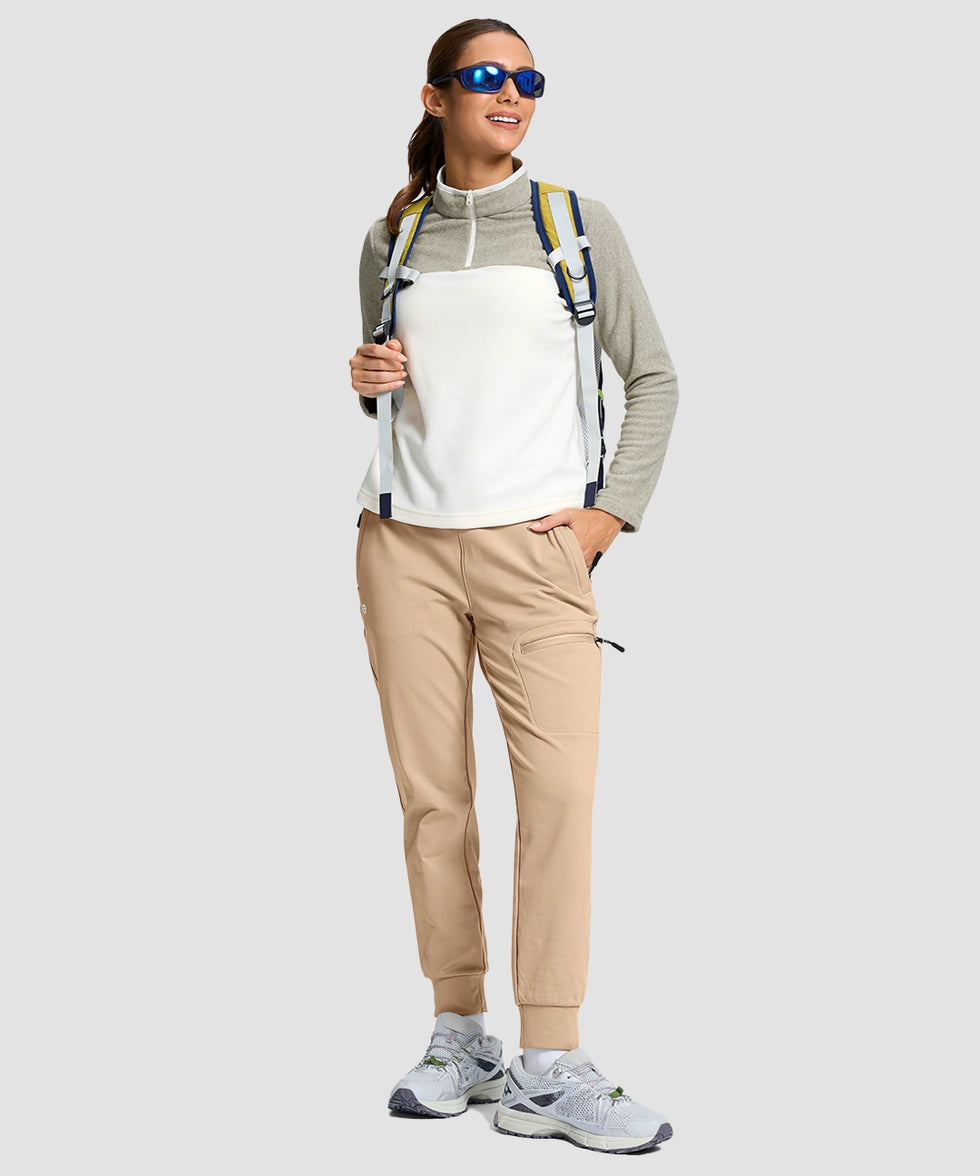 women's fleece-lined four-zip-pocket outdoor pants in light khaki - front view