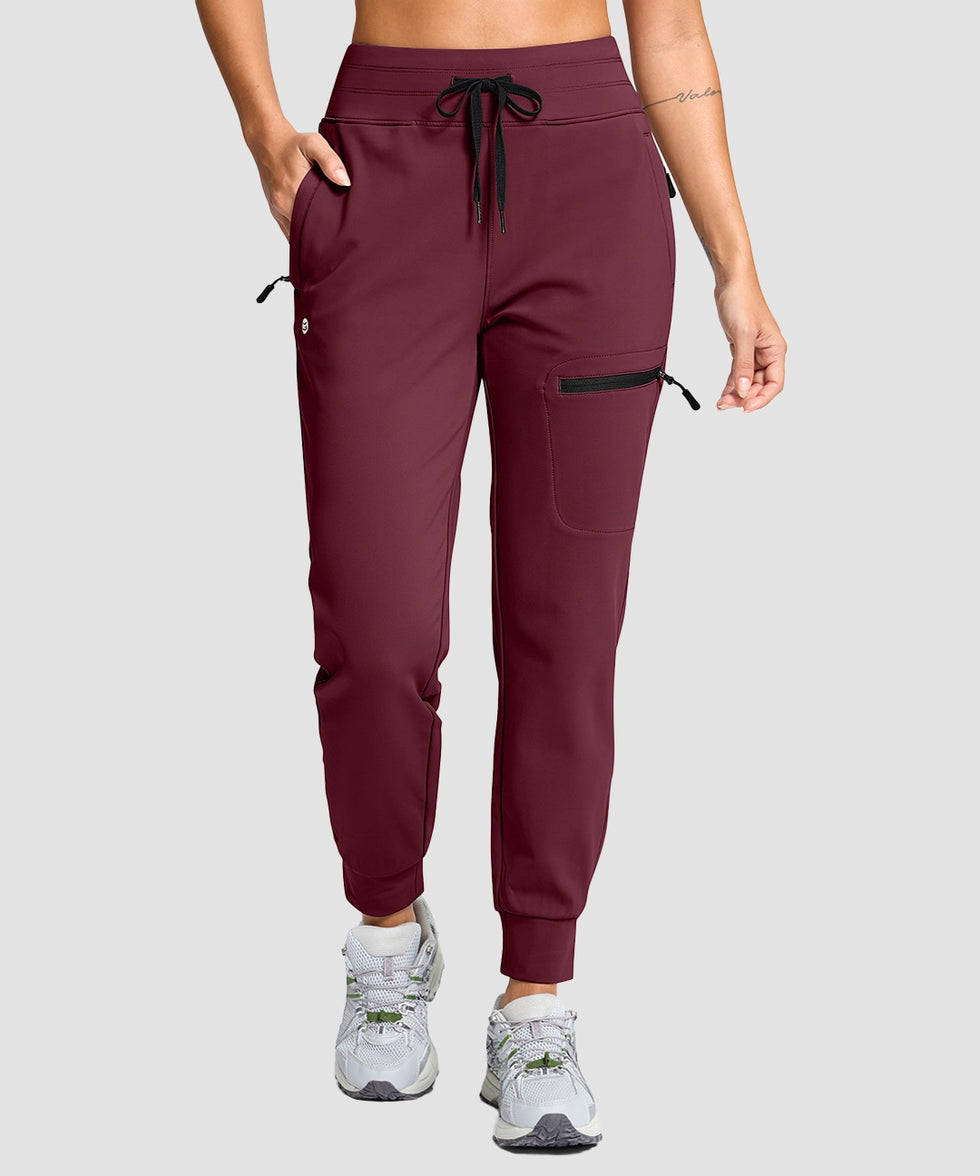 women's fleece-lined four-zip-pocket outdoor pants in maroon - front view