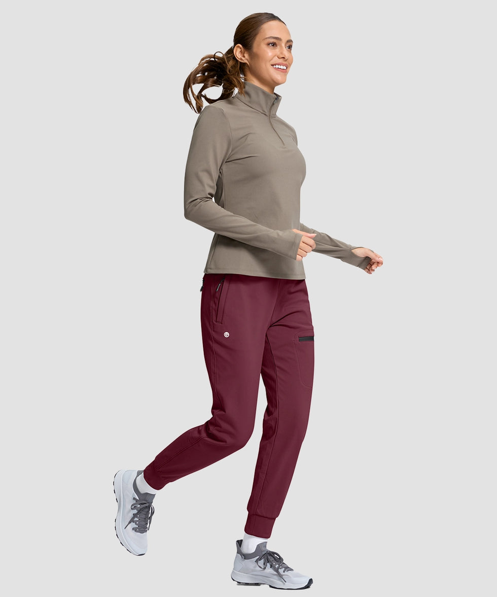 women's fleece-lined four-zip-pocket outdoor pants in maroon - side view
