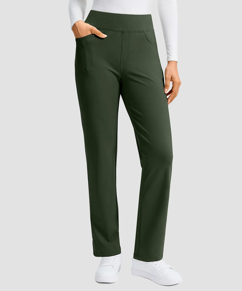 women's fleece-lined slim-fit golf pants in olive green - pocket detail