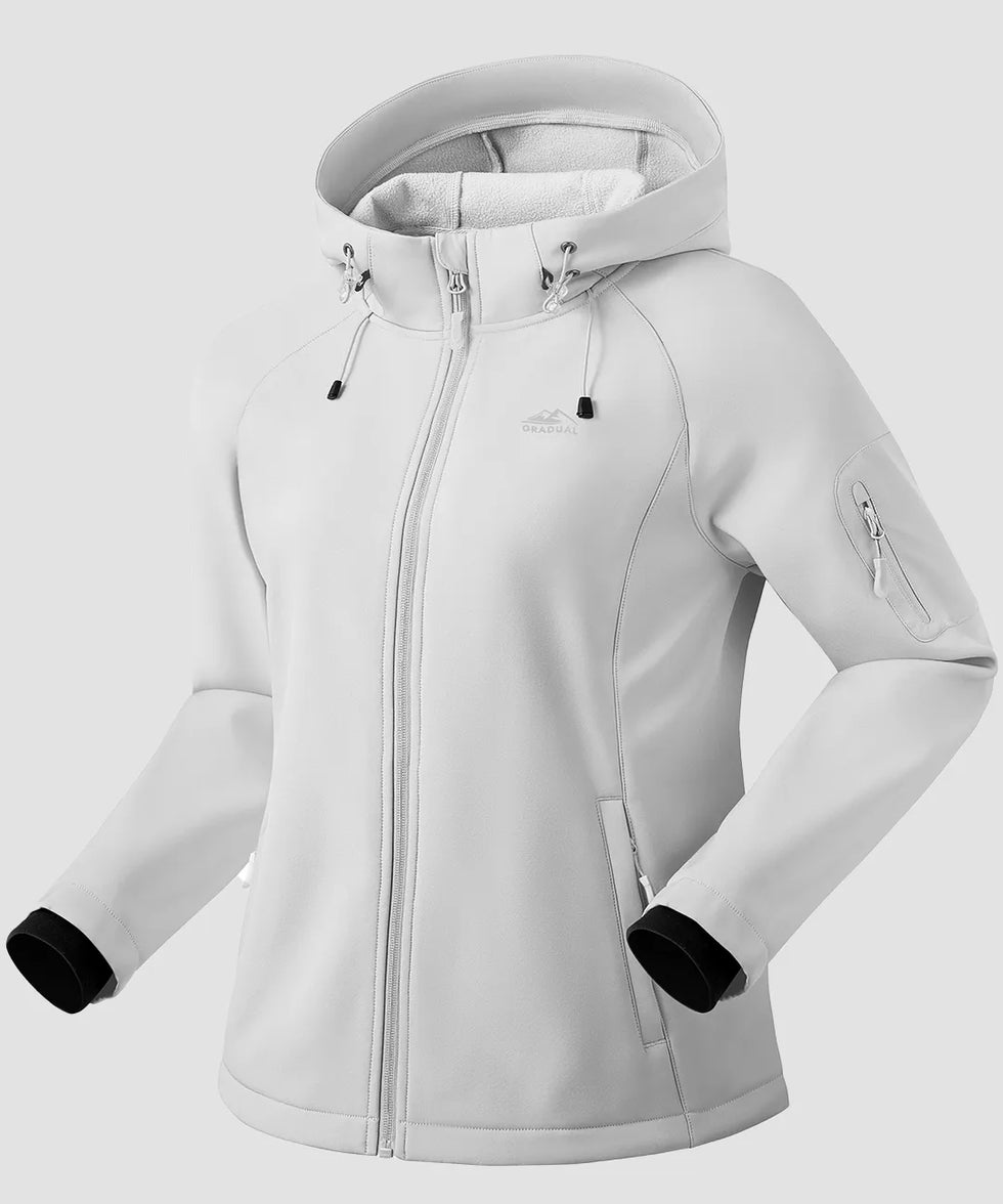 women's fleece-lined softshell jacket in grayish white - side view