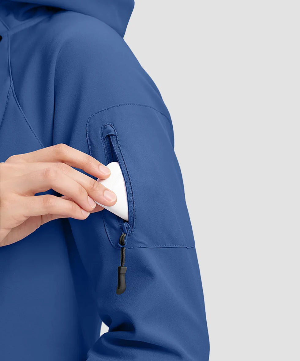 women's fleece-lined softshell jacket in royal blue - zipper pocket detail view