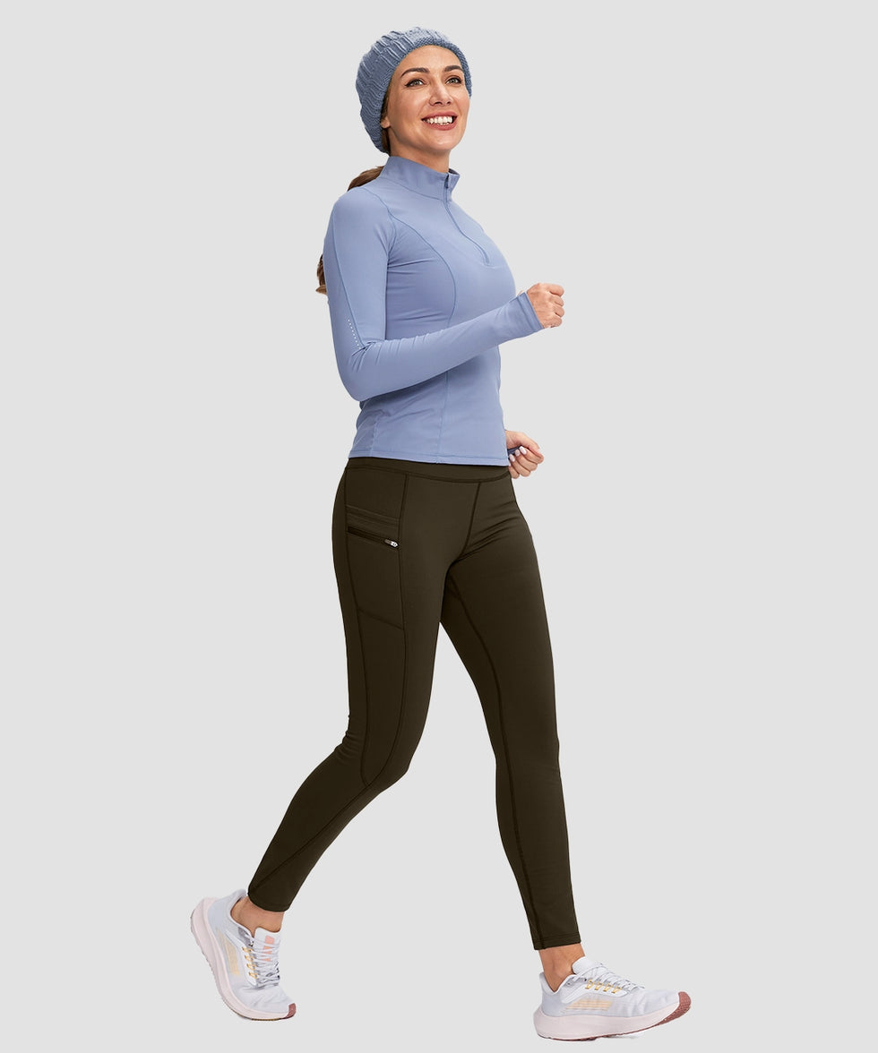 women's fleece-lined with pockets leggings in brown - side view