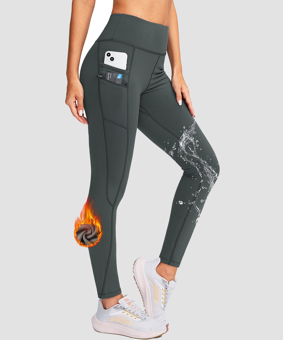 women's fleece-lined with pockets leggings in dark gray - pocket details view