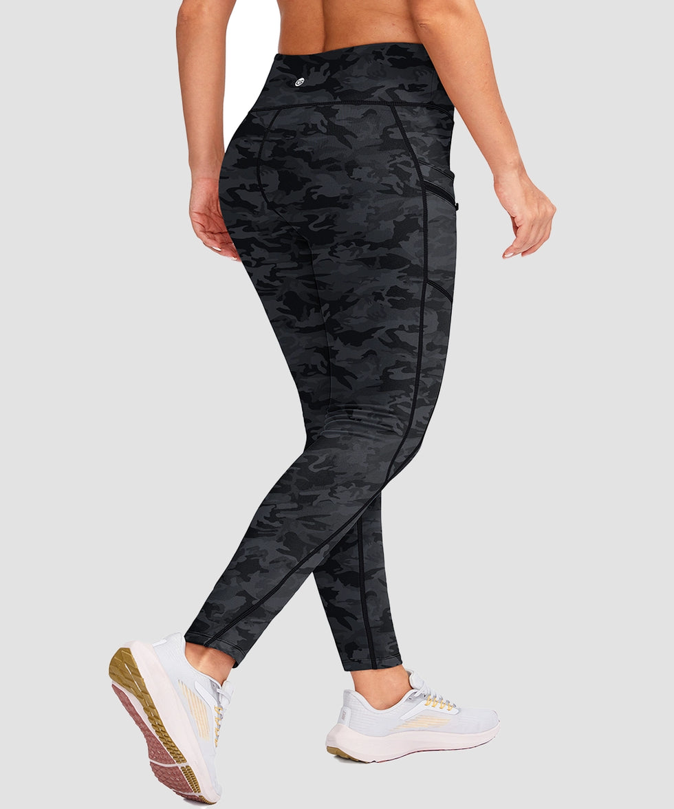 women's fleece-lined with pockets leggings in gray camo - back view