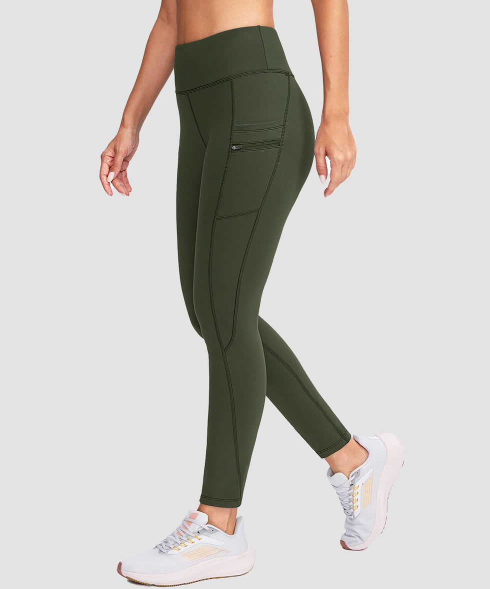 women's fleece-lined with pockets leggings in olive green - side view